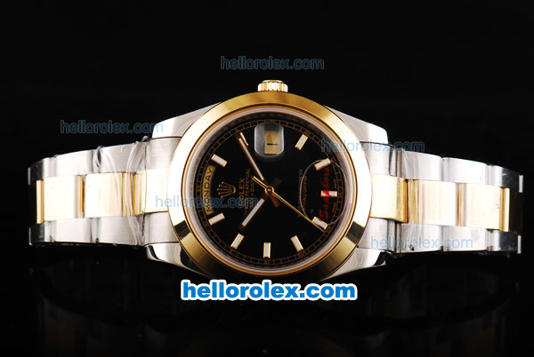 Rolex Day-Date II Oyster Perpetual Automatic Movement Two Tone with Gold Bezel-Black Dial and Stick Markers - Click Image to Close